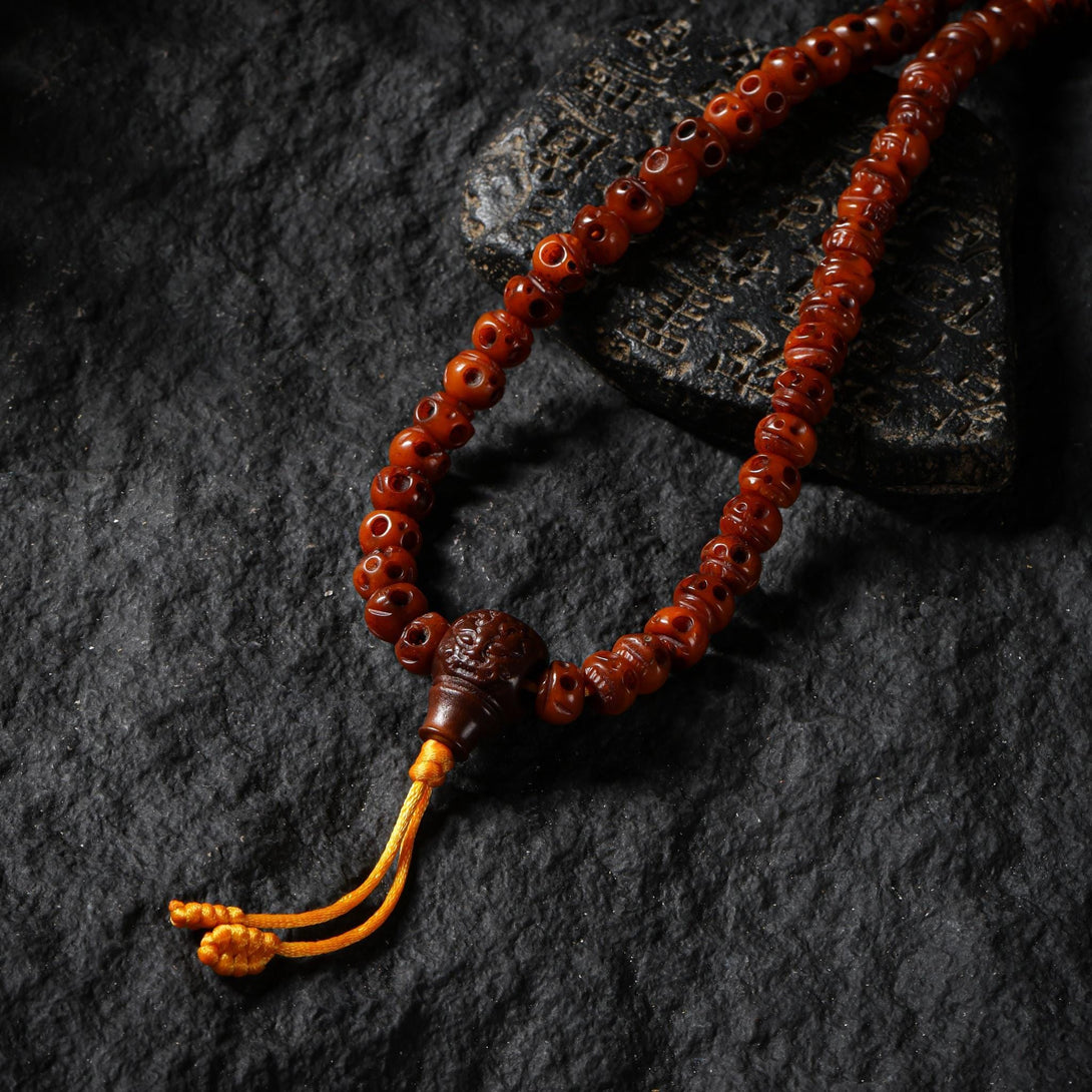 Yak Bone Skull 108 Beads Mala Bracelet, Aged Round & Barrel Beads