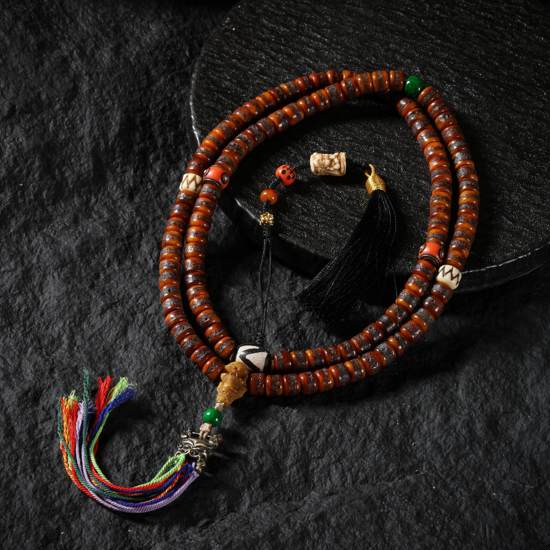 108 Yak Bone Barrel Beads Mala with Turquoise & Skull Accents