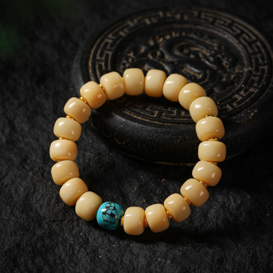 Yak Bone Bracelet with Turquoise, Barrel Beads Handcrafted