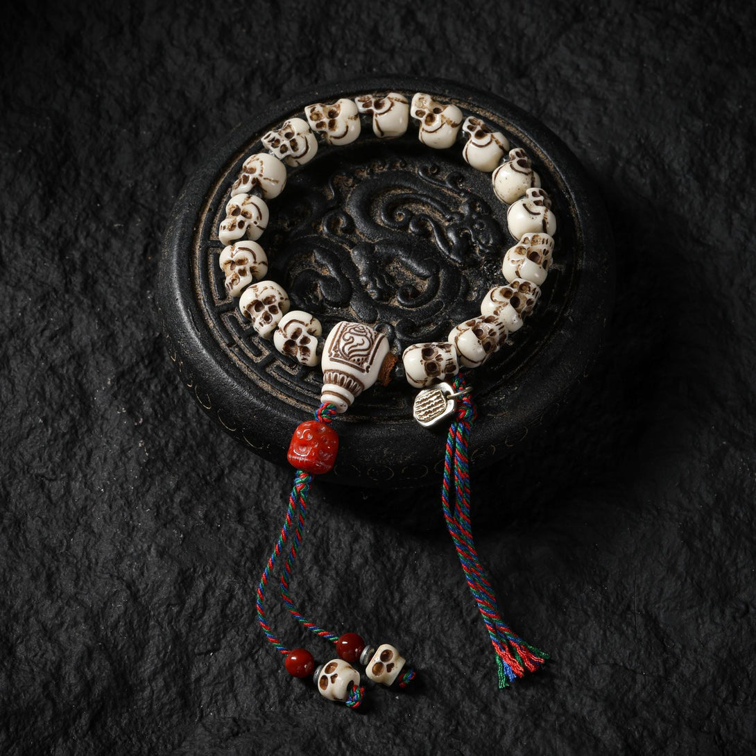 Yak Bone Carved Skull Amulet Tibetan Beaded Bracelet