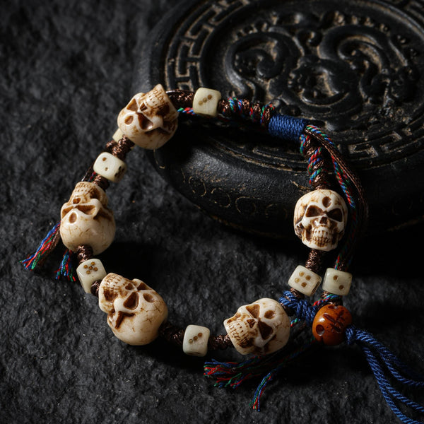 Yak Bone Carved Skull Amulet Tibetan Beaded Bracelet