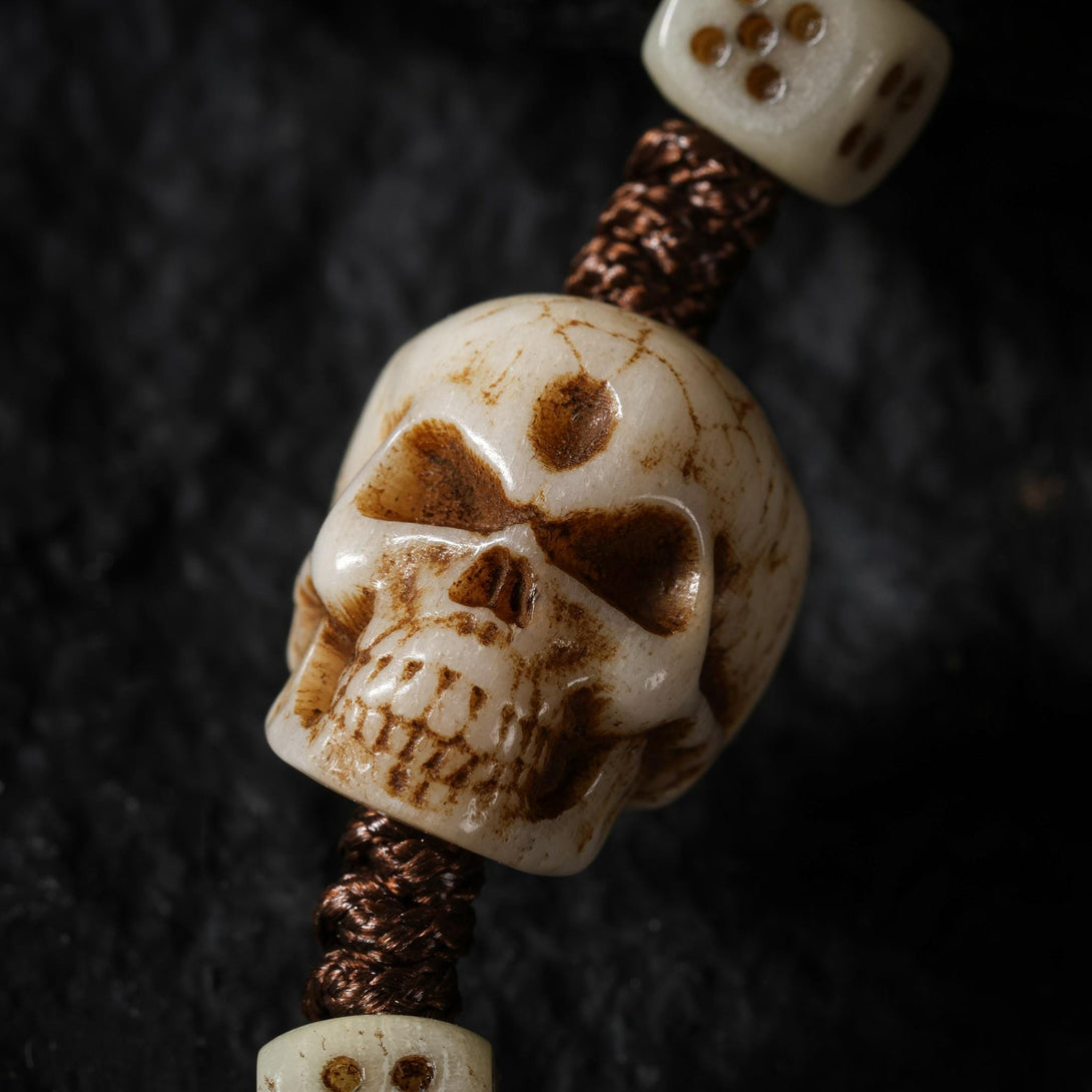Yak Bone Carved Skull Amulet Tibetan Beaded Bracelet