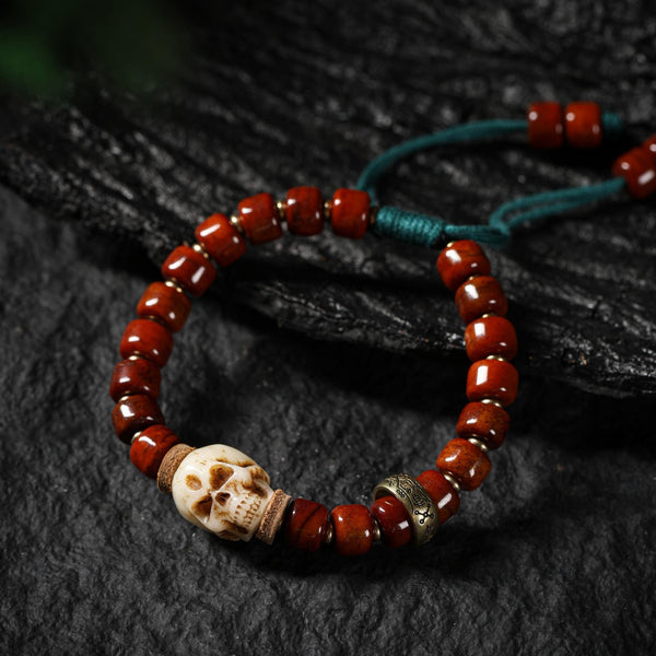 Yak Bone Carved Skull Amulet Tibetan Beaded Bracelet
