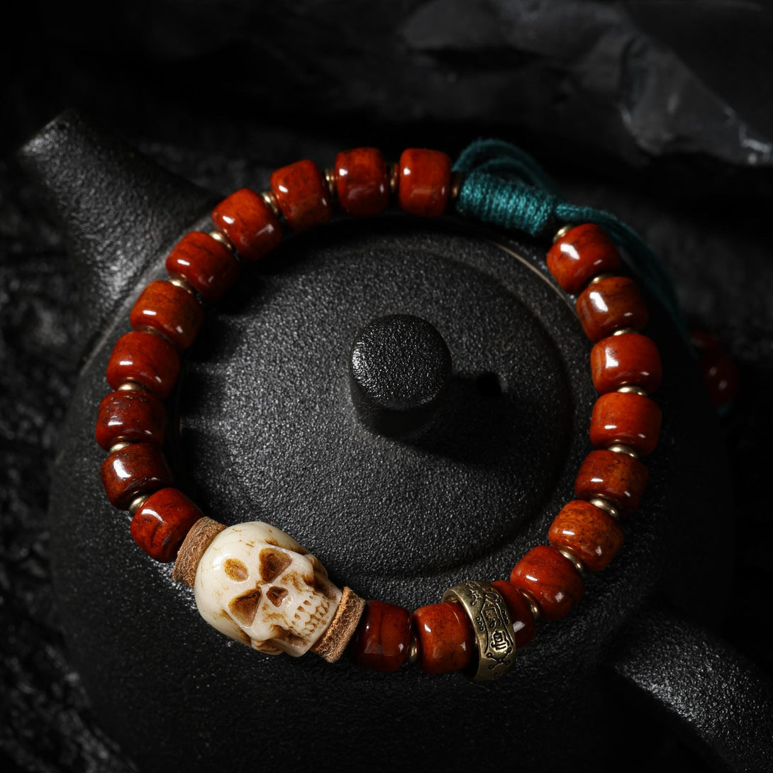 Yak Bone Carved Skull Amulet Tibetan Beaded Bracelet