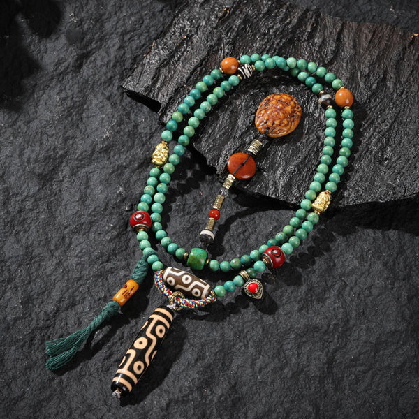 Turquoise Nine-Eyed Dzi Bead Necklace Tibetan Totem Amulet