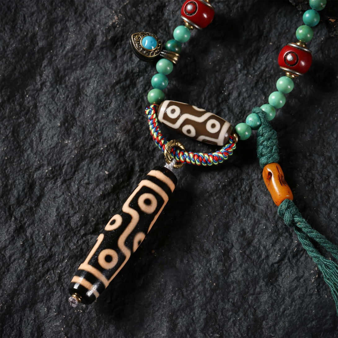 Turquoise Nine-Eyed Dzi Bead Necklace Tibetan Totem Amulet