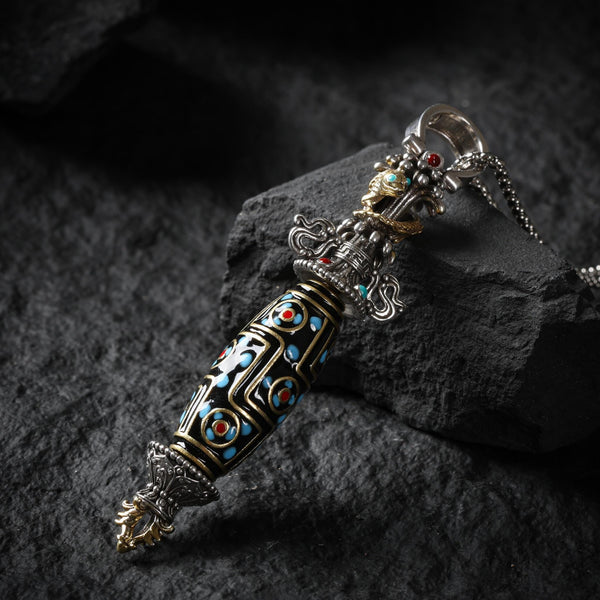 Vajra & Dzi Bead Necklace Sterling Silver