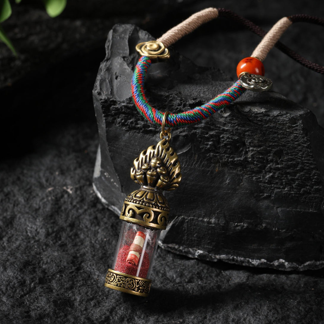 Tibetan Amulet Gau Necklace - Vajra Cross Dorje with Cinnabar