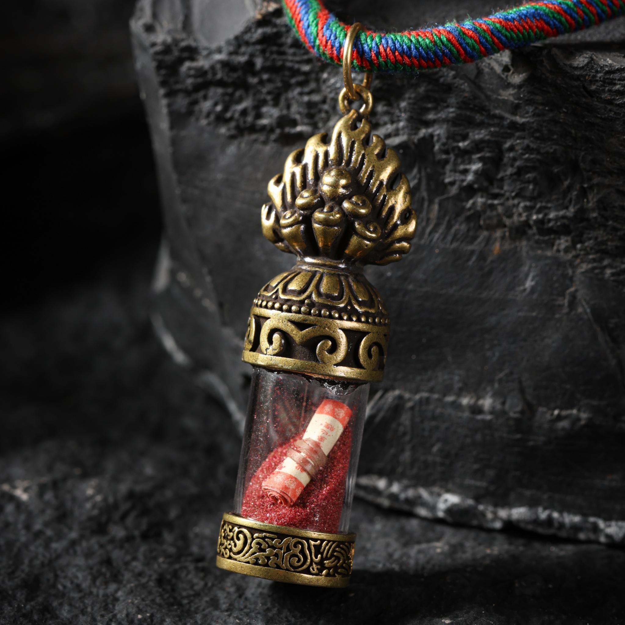 Tibetan Amulet Gau Necklace - Vajra Cross Dorje with Cinnabar