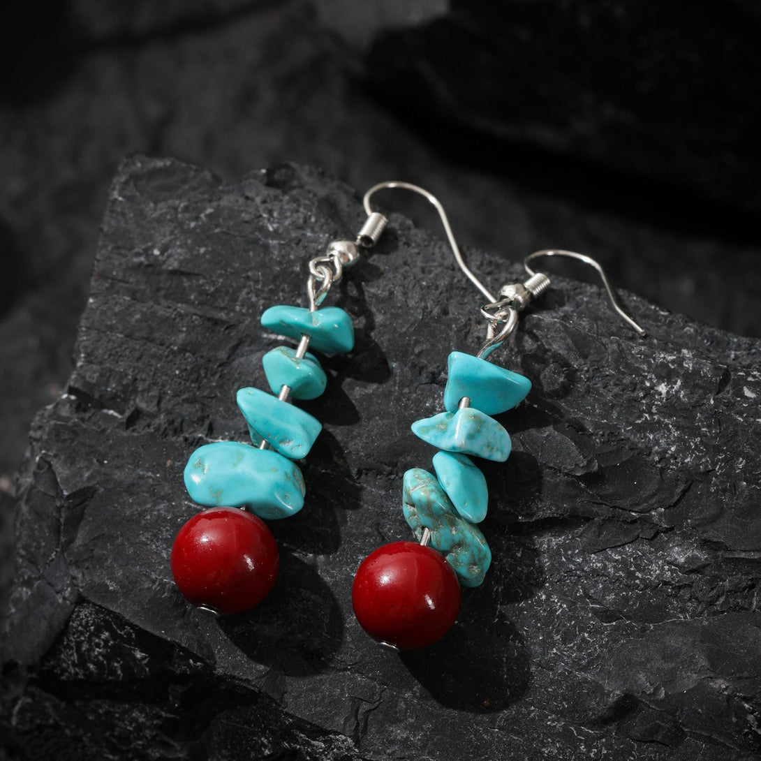 Tibetan Turquoise Red Agate Dangle Earrings