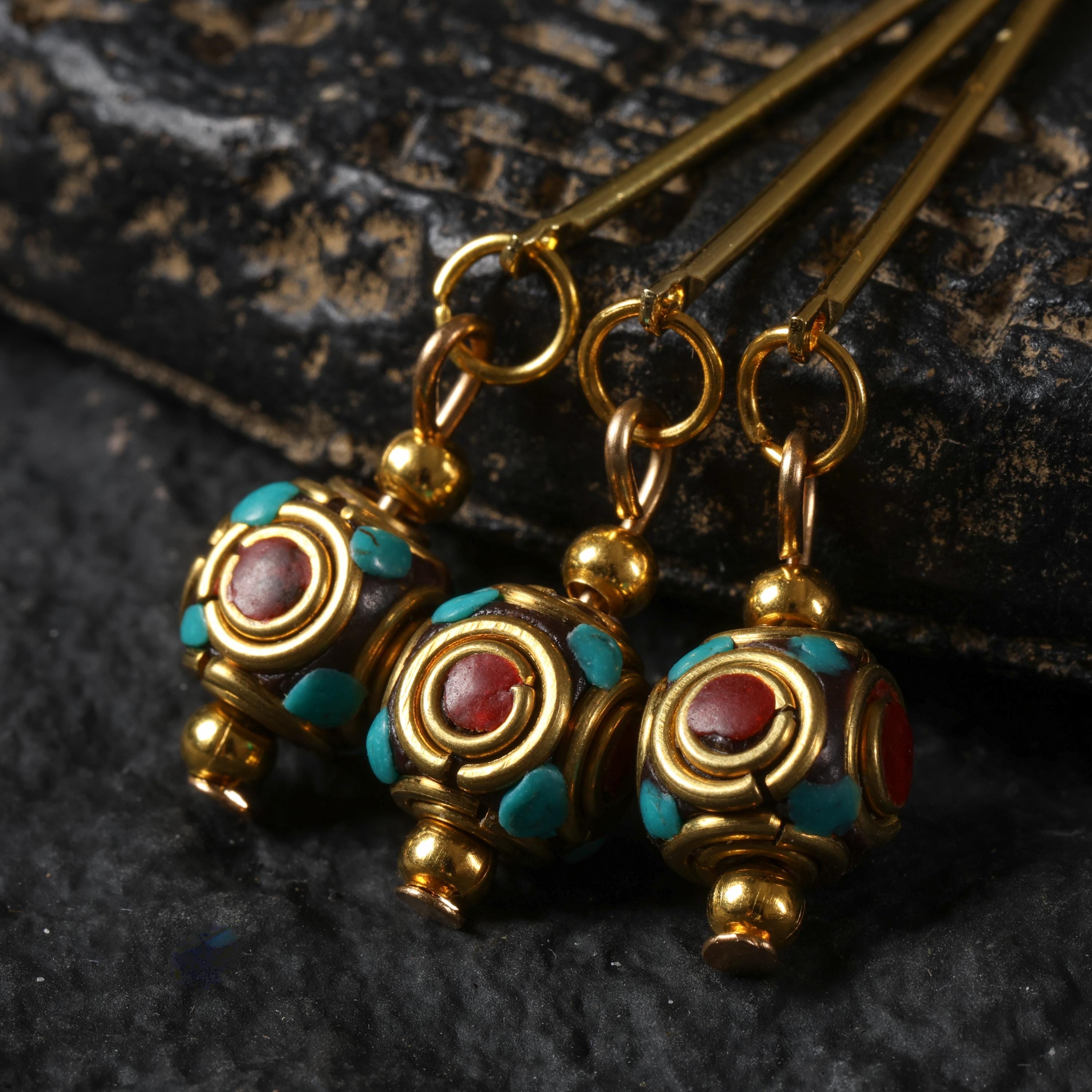 Tibetan Turquoise Red Agate Dangle Earrings