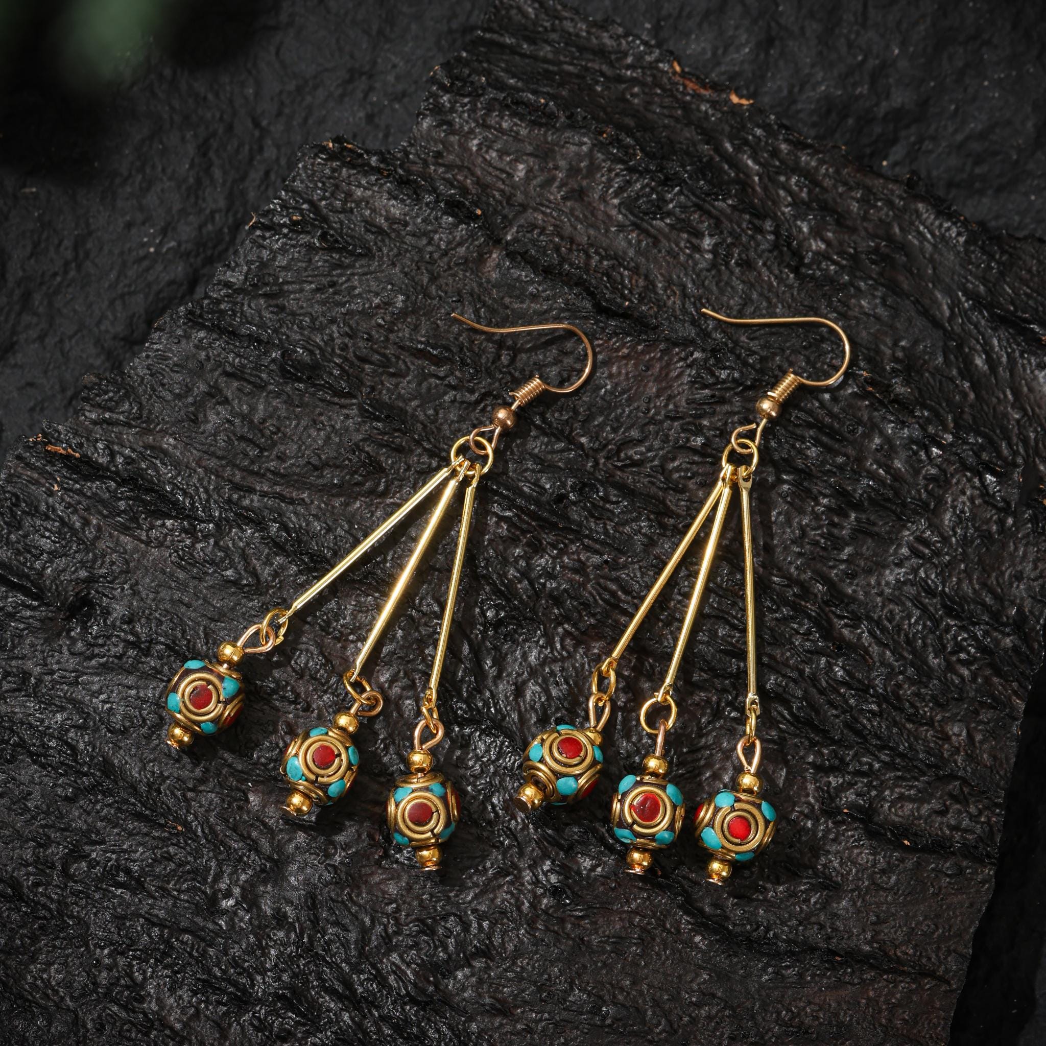 Tibetan Turquoise Red Agate Dangle Earrings