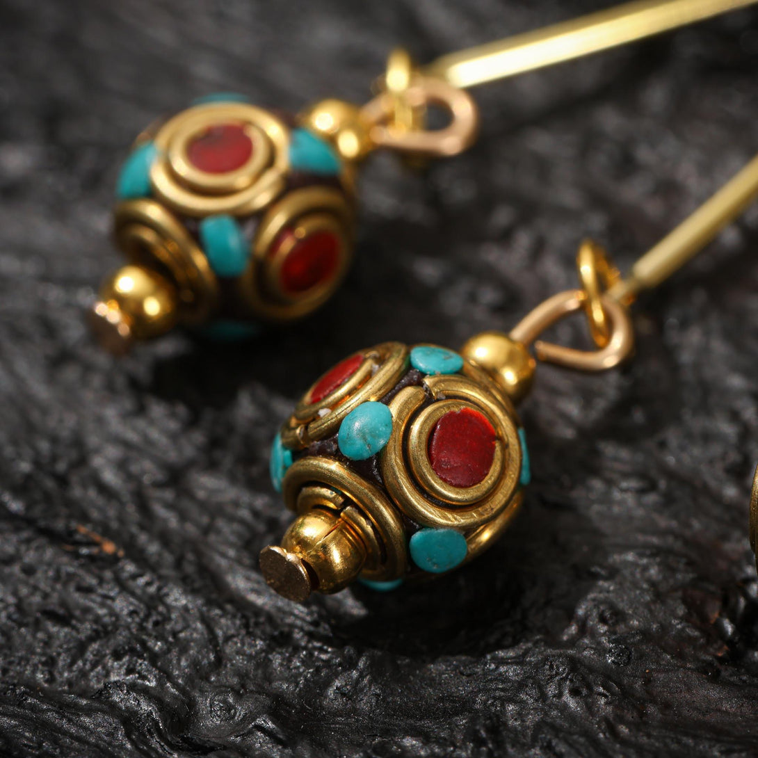 Tibetan Turquoise Red Agate Dangle Earrings