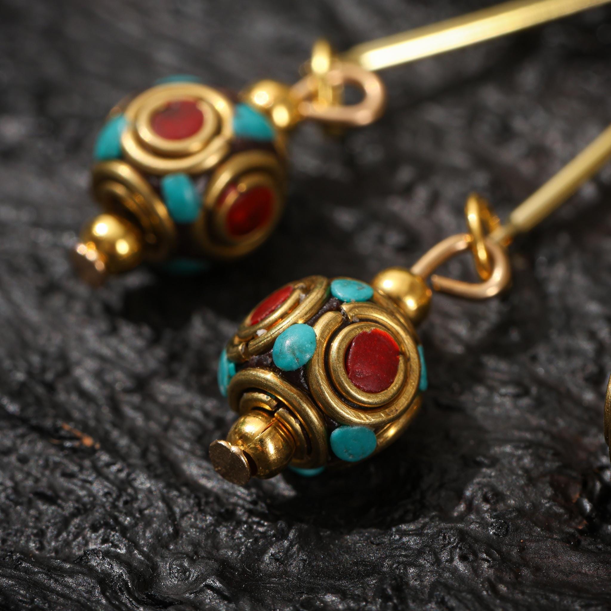 Tibetan Turquoise Red Agate Dangle Earrings