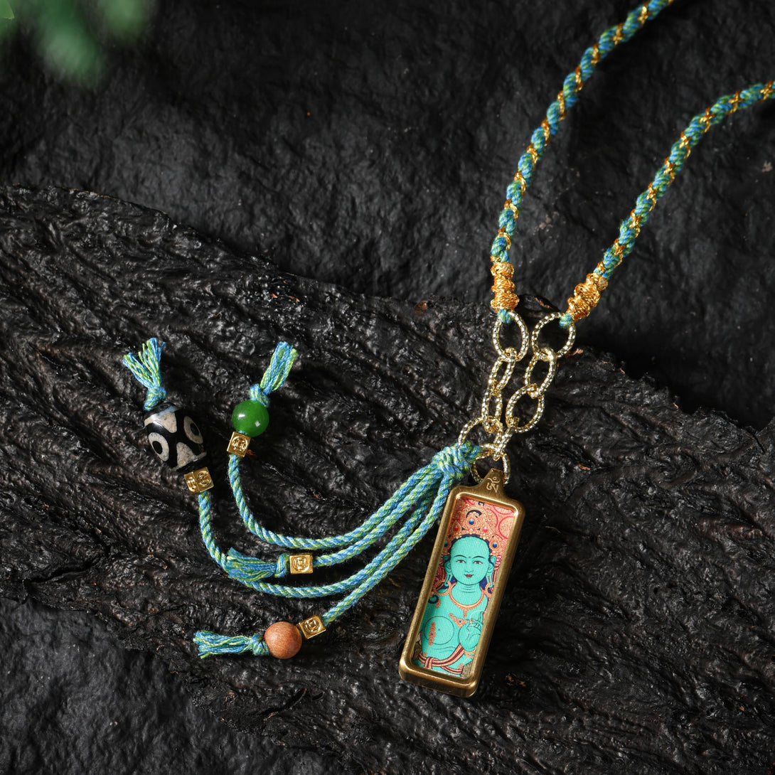 Green Tara Thangka Necklace Dzi Bead Amulet