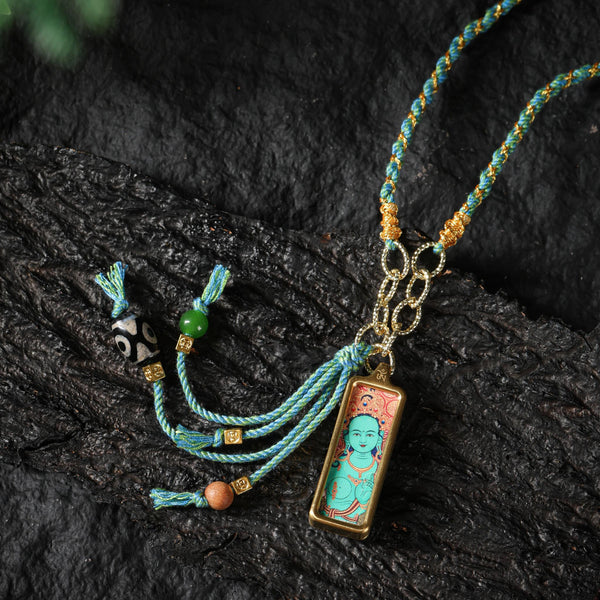 Green Tara Thangka Necklace Dzi Bead Amulet