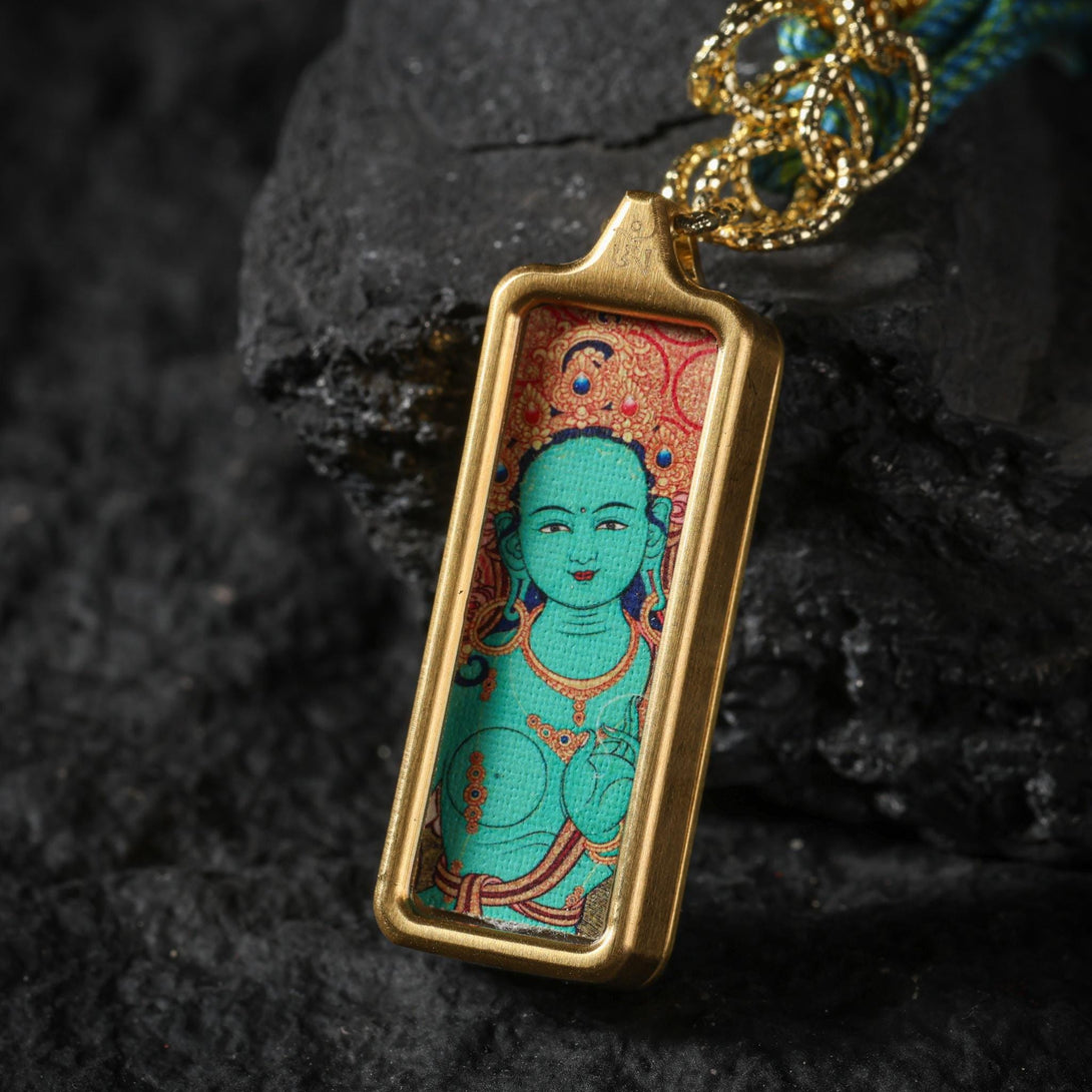Green Tara Thangka Necklace Dzi Bead Amulet