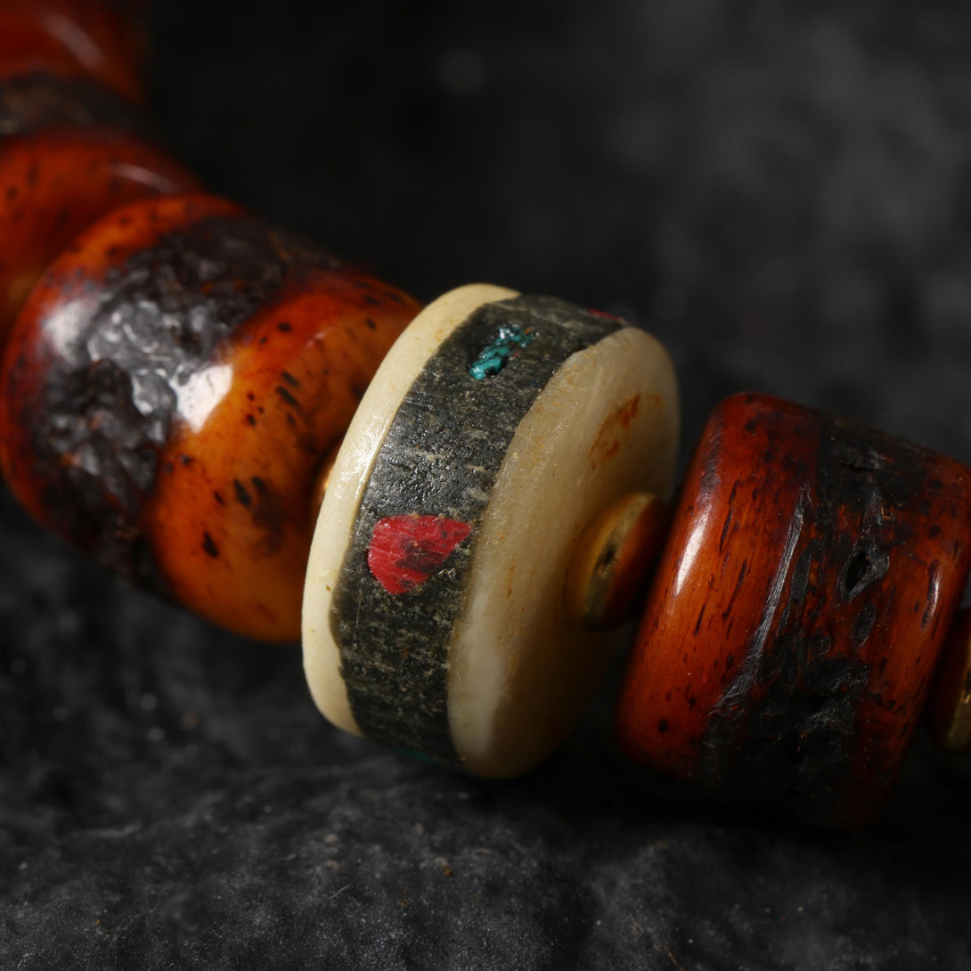 Red Yak Bone Bracelet with Skull & Dzi Beads