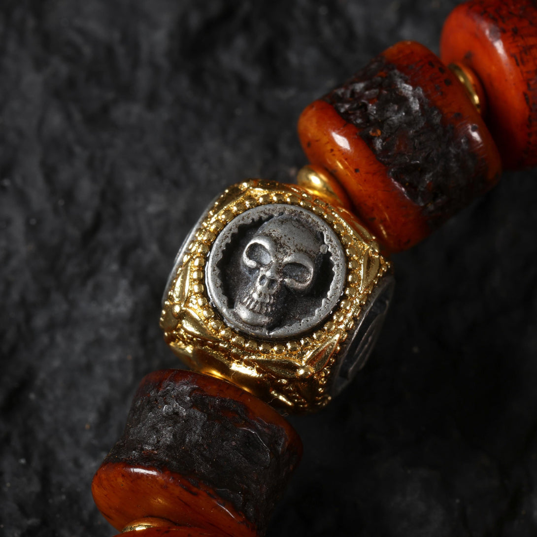 Red Yak Bone Bracelet with Skull & Dzi Beads