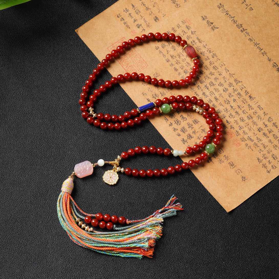 Red Agate Mala Necklace with Nine Palace Eight Trigram