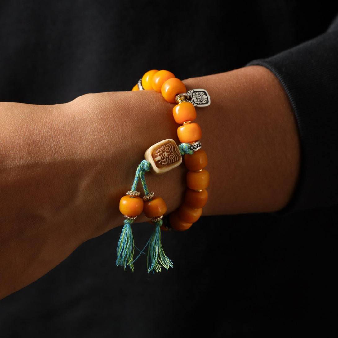 Tibetan Sacred Yak Bone Bracelet Dzi & Zaki Charm