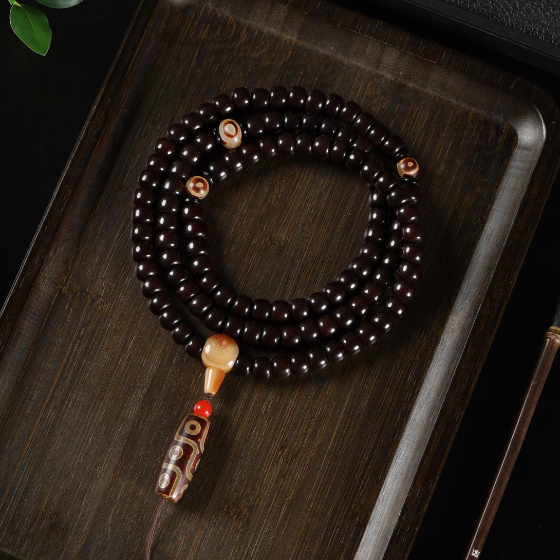 Dzi Beads Black Bodhi 108 Mala Necklace