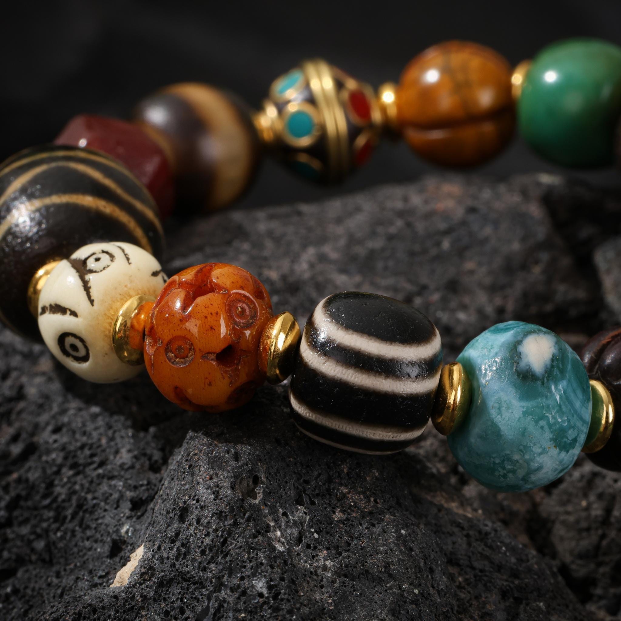 AURA DEER Bone Bracelet Tibetan Amulet Turquoise, Agate & Dzi Beads Yak Bone Sterling Silver Spiritual Protection Jewelry