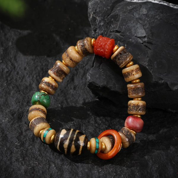 AURA DEER Yak Bone Talisman Bracelet with Turquoise Dzi Bead Agate