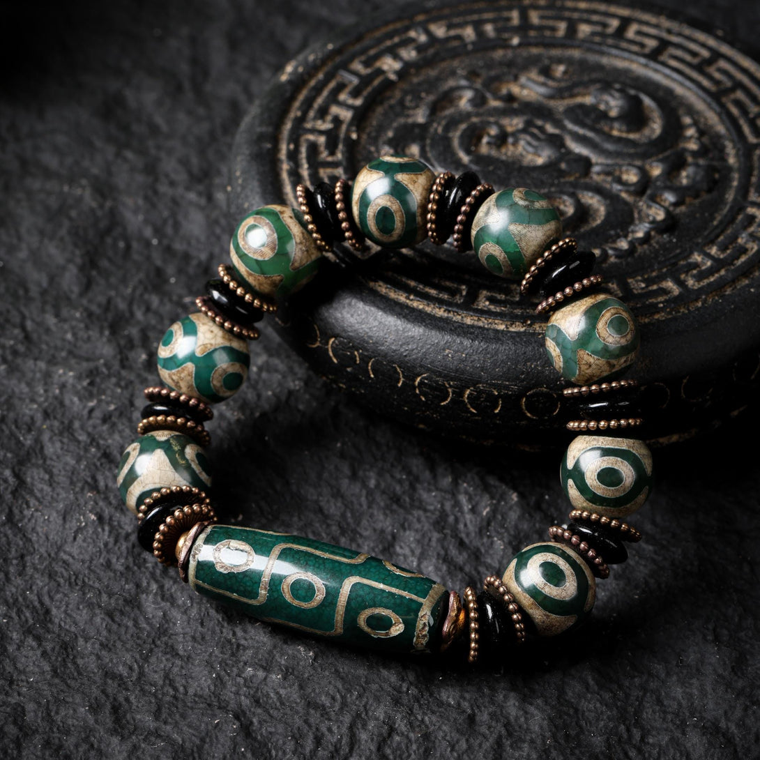 Tibetan Dzi Mala Bracelet Nine-Eye Green Dzi Beads