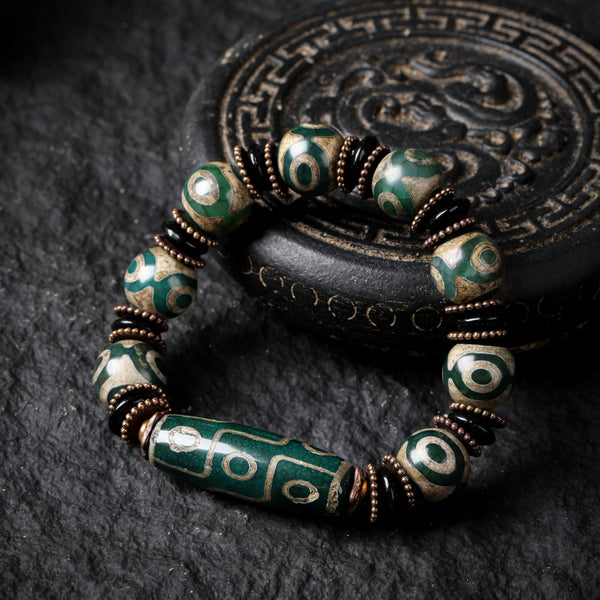Tibetan Dzi Mala Bracelet Nine-Eye Green Dzi Beads