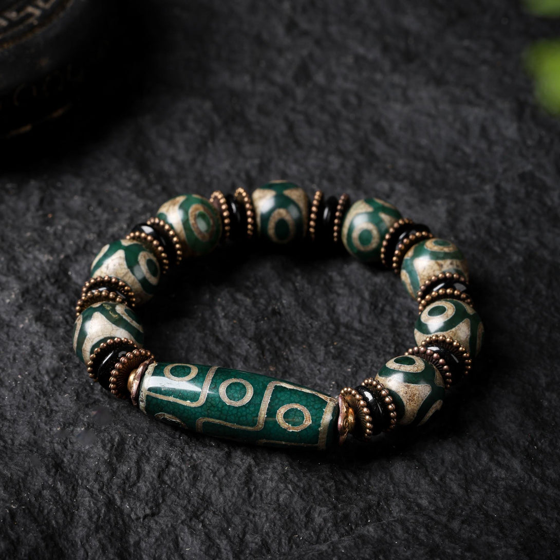 Tibetan Dzi Mala Bracelet Nine-Eye Green Dzi Beads