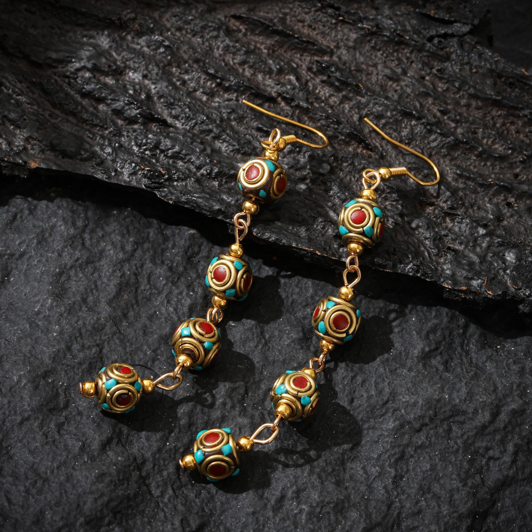 Tibetan Turquoise Red Agate Dangle Earrings