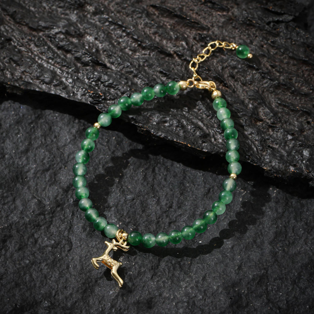 Moss Agate Bracelet with Gold Deer Charm, 14K Gold Filled