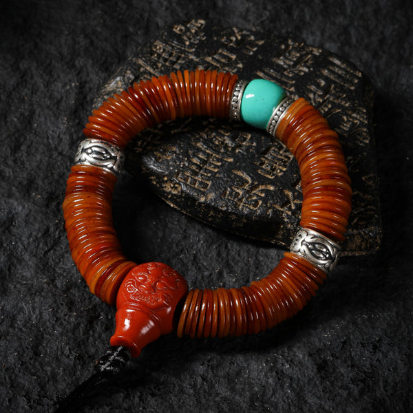 Yak Bone Bracelet 108 Disc Beads with Turquoise, Snow Lion Totem Amulet