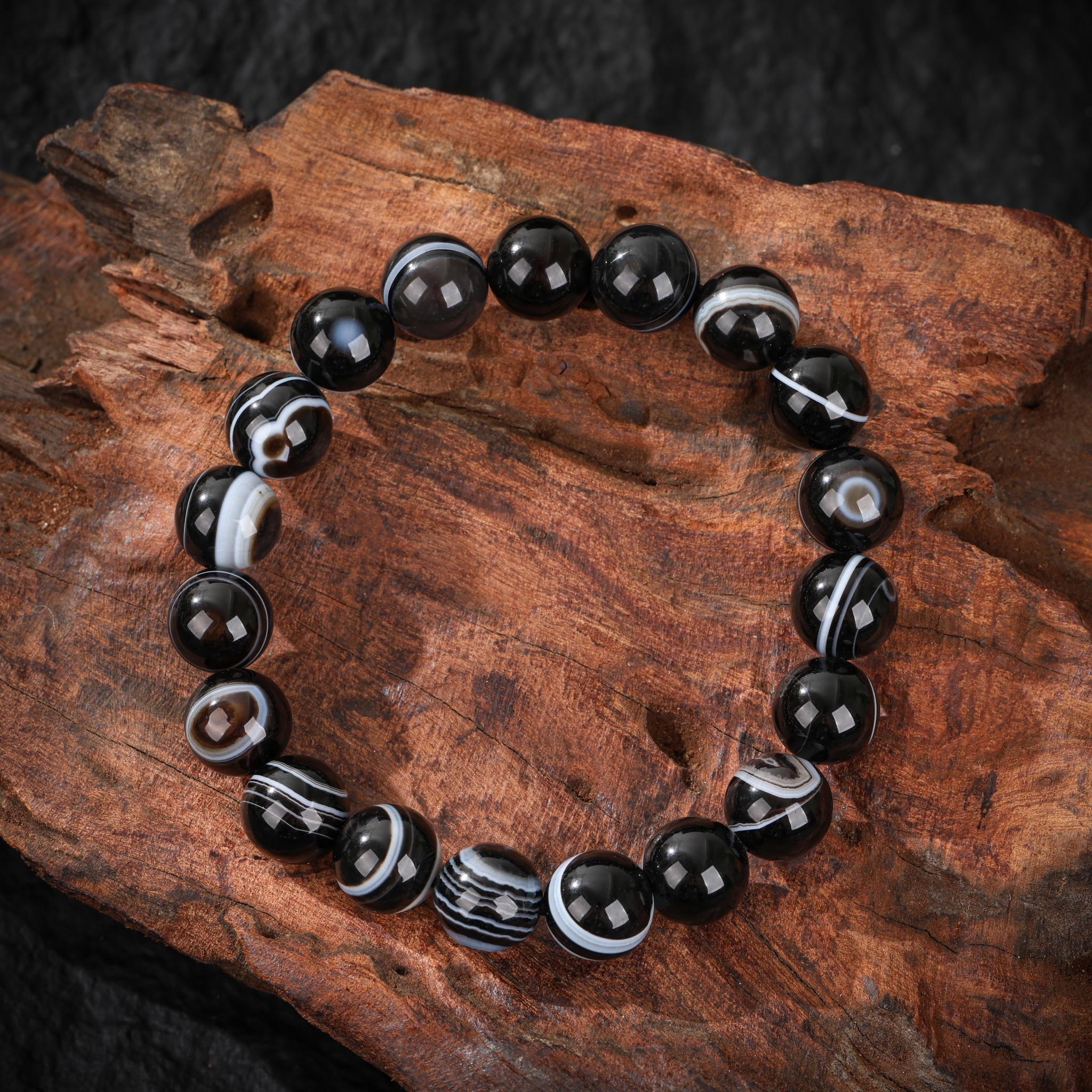 Natural Black Tiger Eye Agate Bracelet, Black & White Striped Beads