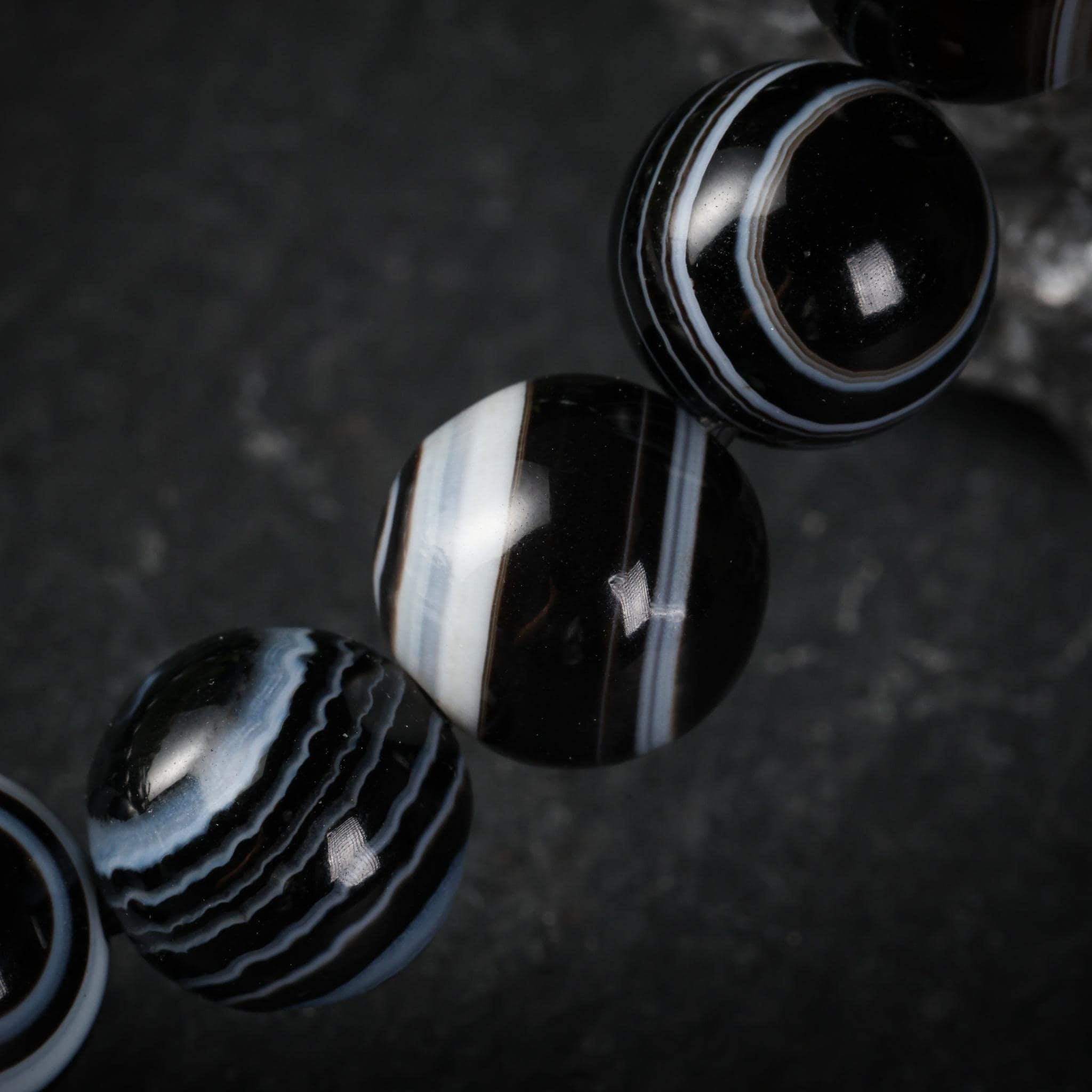 Natural Black Tiger Eye Agate Bracelet, Black & White Striped Beads