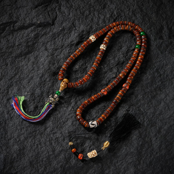 108 Yak Bone Barrel Beads Mala with Turquoise & Skull Accents