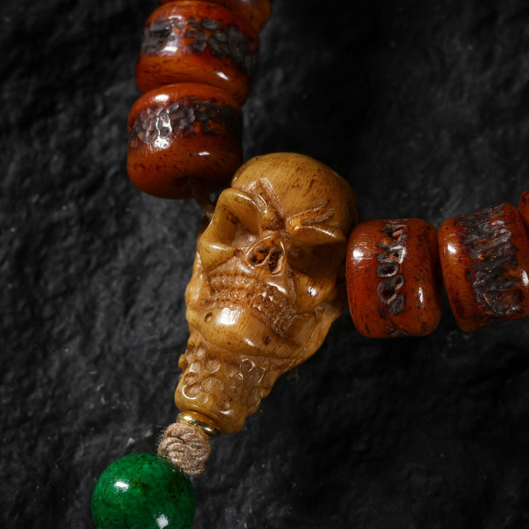 108 Yak Bone Barrel Beads Mala with Turquoise & Skull Accents