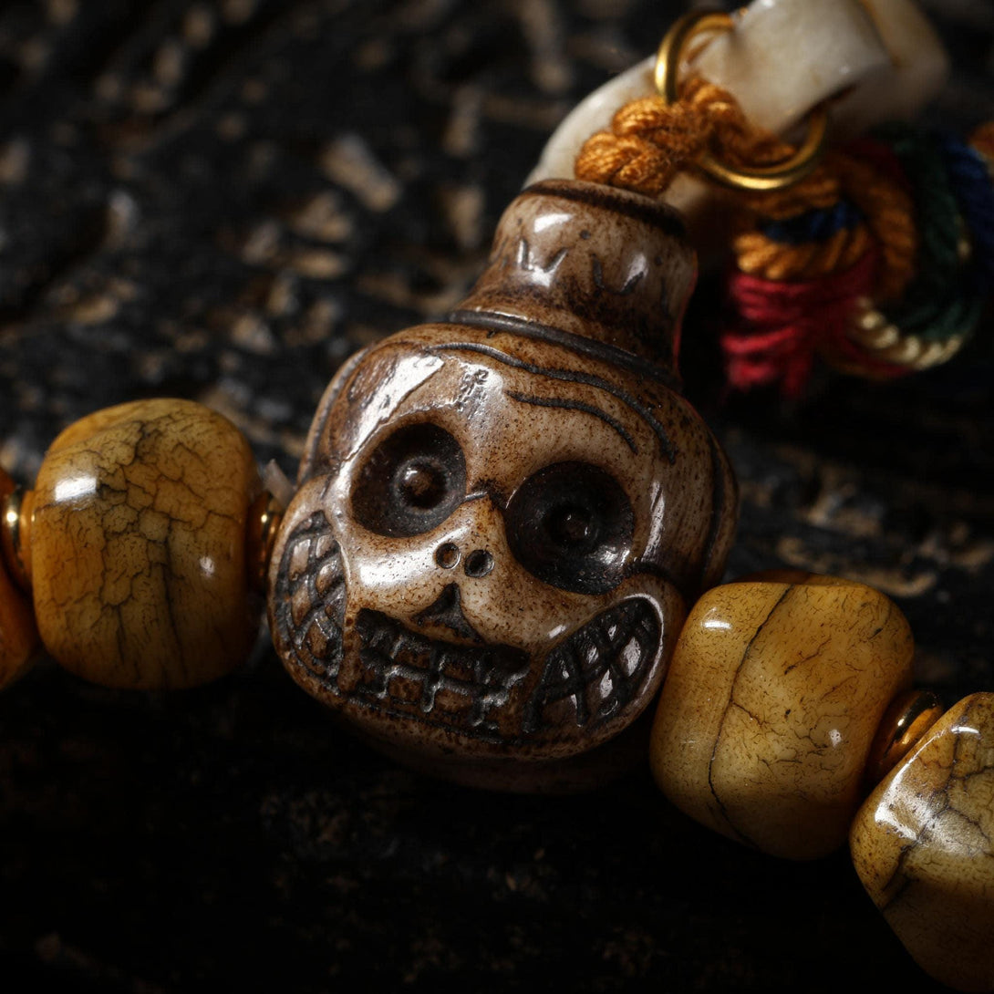 Yak Bone Carved Skull Amulet Tibetan Beaded Bracelet