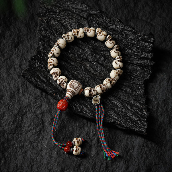 Yak Bone Carved Skull Amulet Tibetan Beaded Bracelet
