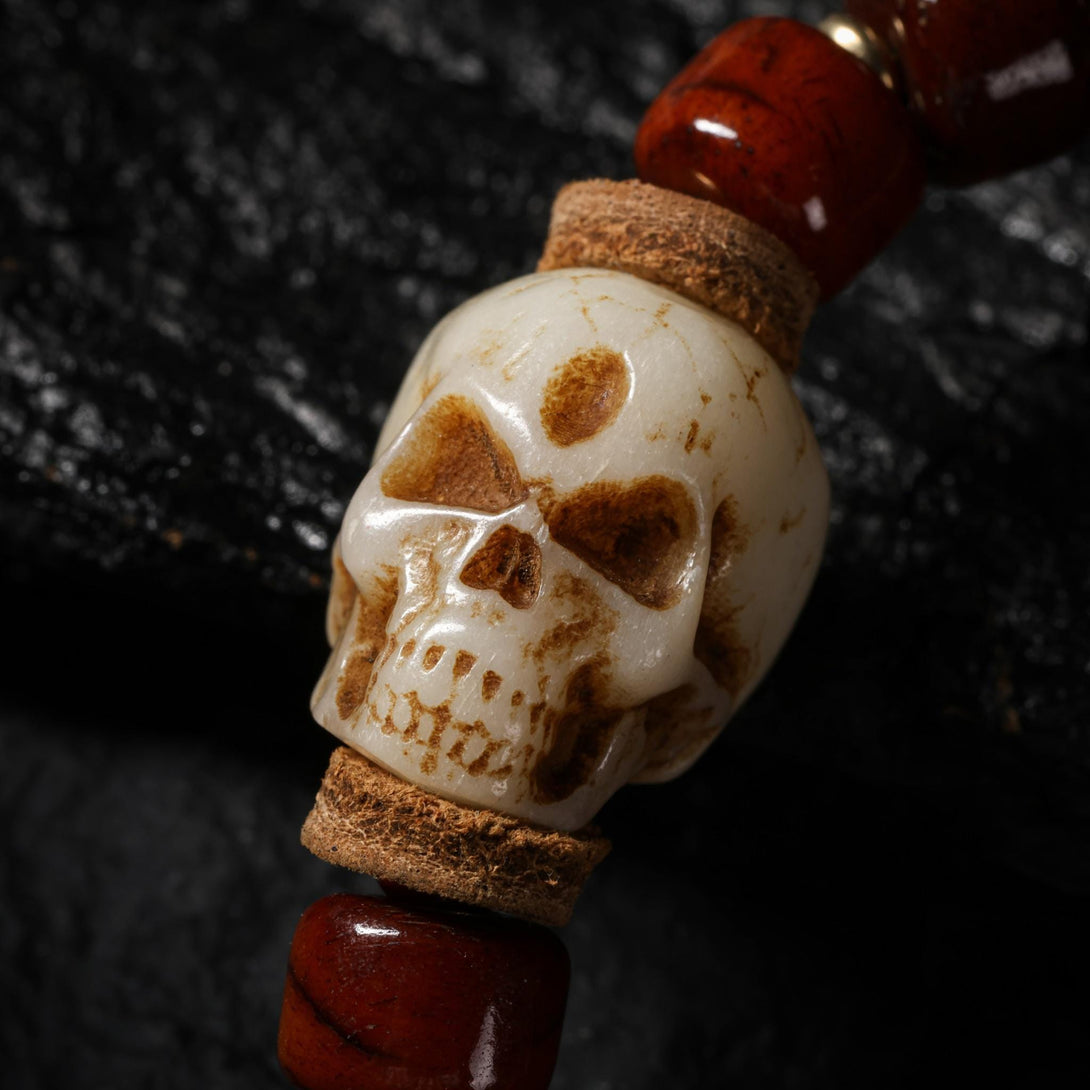 Yak Bone Carved Skull Amulet Tibetan Beaded Bracelet