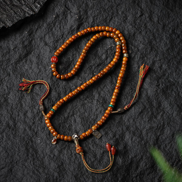 Yak Bone 108 Mala with Dzi Om Lotus Mantra Amulet