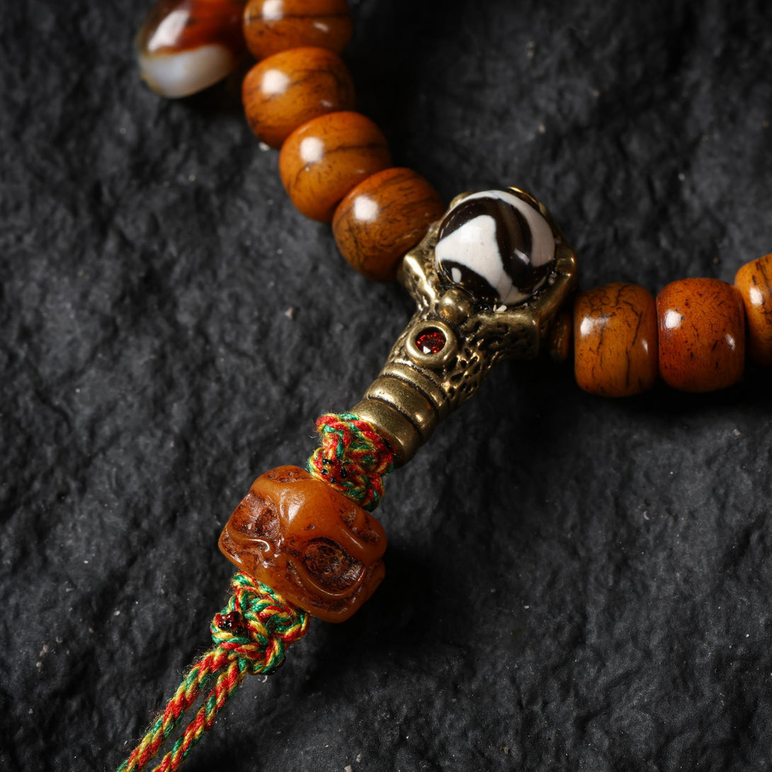 Yak Bone 108 Mala with Dzi Om Lotus Mantra Amulet