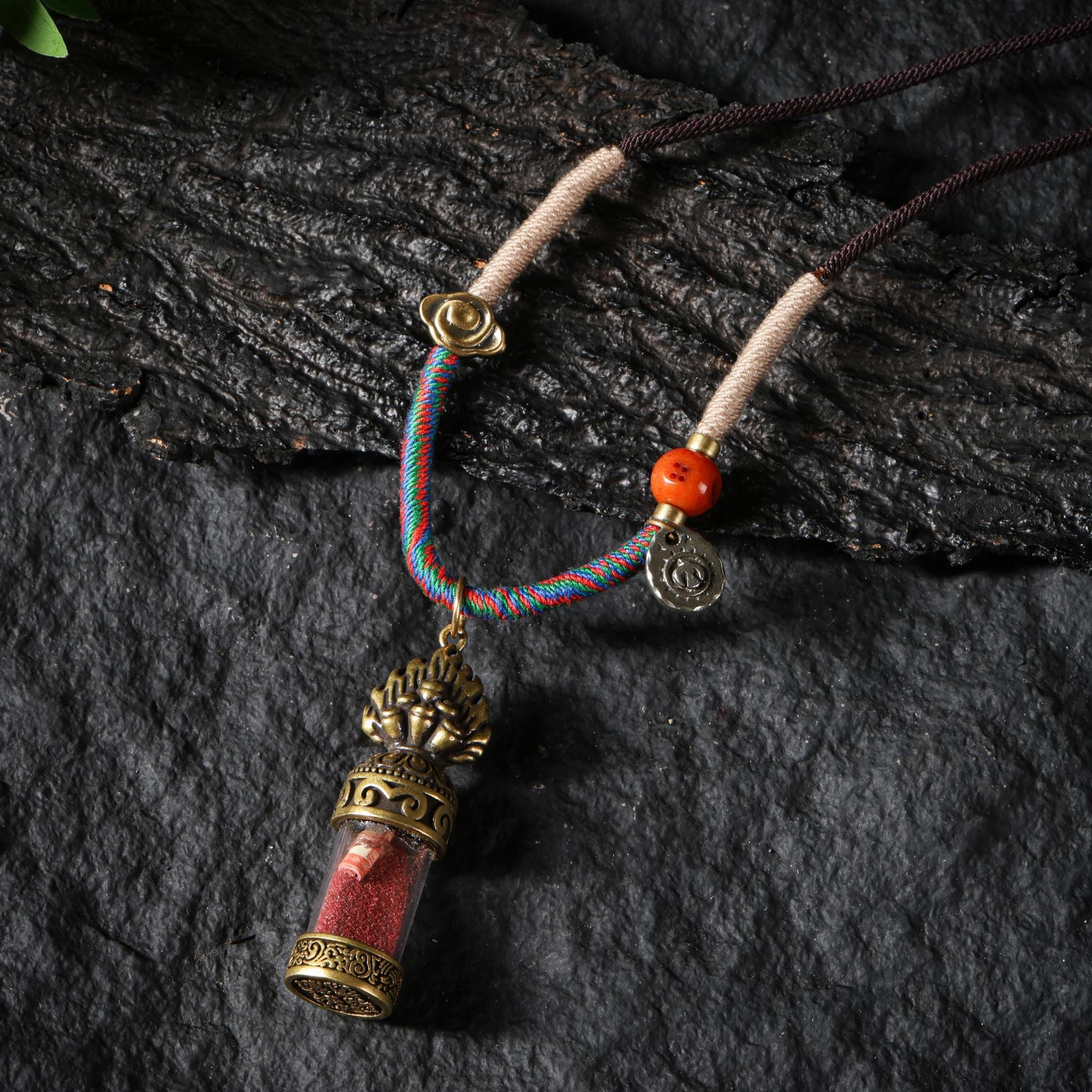 Tibetan Amulet Gau Necklace - Vajra Cross Dorje with Cinnabar