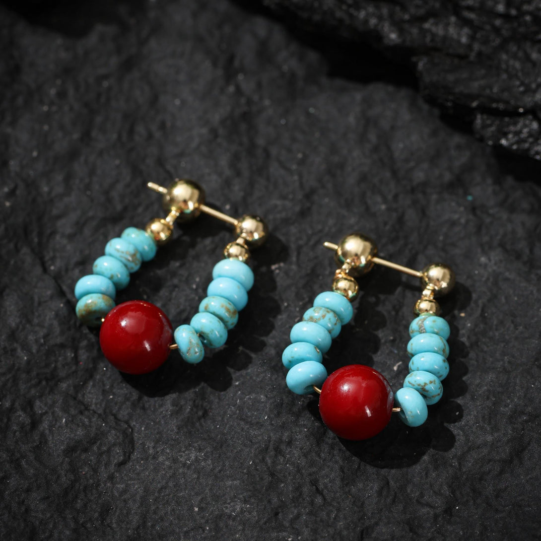 Tibetan Turquoise Red Agate Dangle Earrings