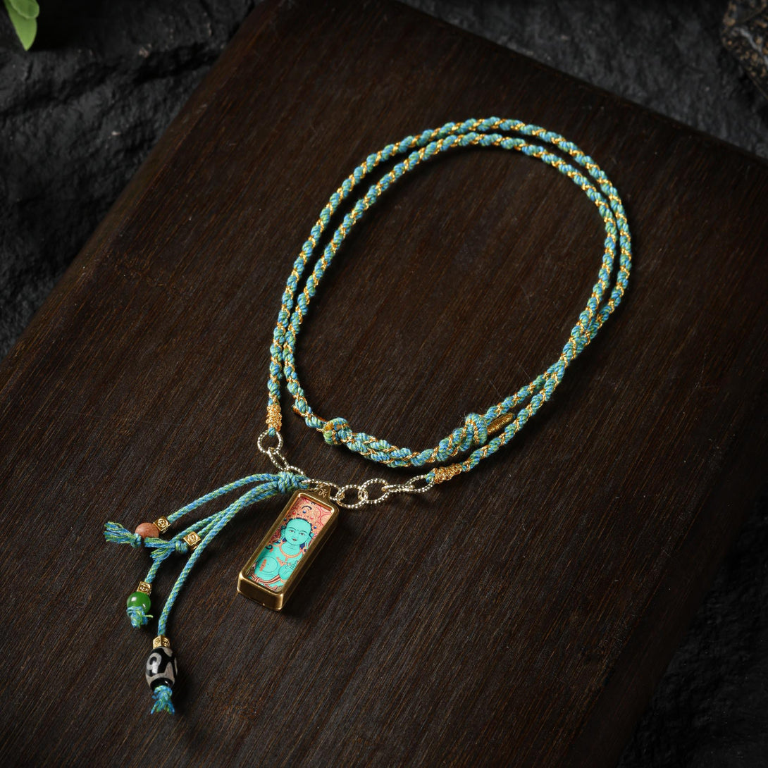 Green Tara Thangka Necklace Dzi Bead Amulet