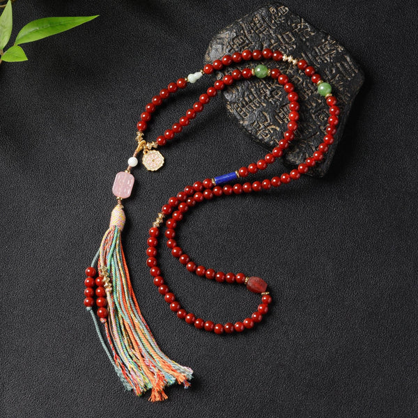 Red Agate Mala Necklace with Nine Palace Eight Trigram