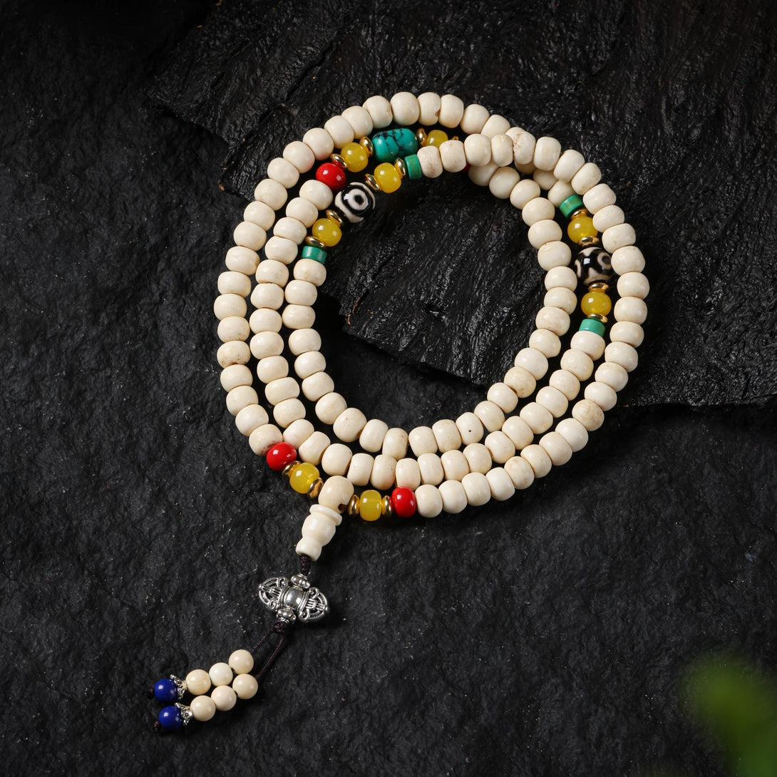 Yak Bone Necklace Tibetan 108 Mala with Turquoise, Dzi, Dorje
