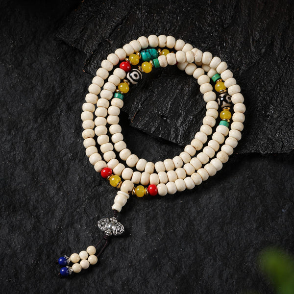 Yak Bone Necklace Tibetan 108 Mala with Turquoise, Dzi, Dorje