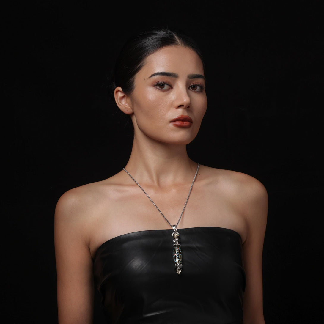 Vajra & Rotating Dzi Pendent Enamel Accented with Turquoise, Red Gems